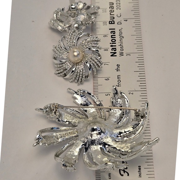 Jewelry - Silver earrings, matching pin with pearl accents